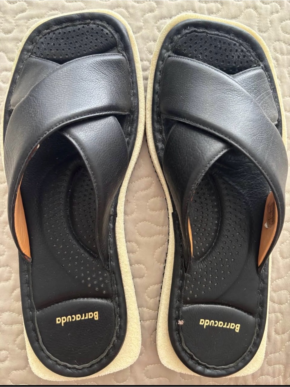 BARRACUDA Men's Black Leather Cross-Strap Slide Sandals